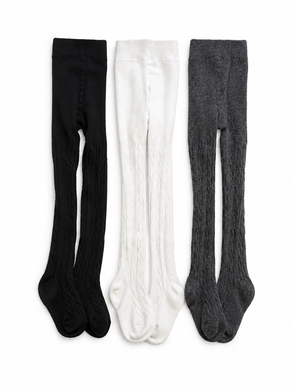 Girls Cable Knit Tights - Black, White & Gray